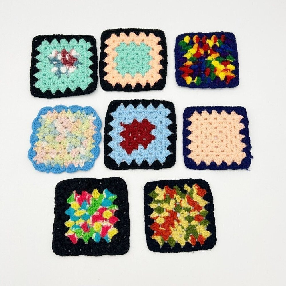 Vintage Handmade Crochet Multicolor Granny Square Pot Holder Afghan Lot of 8